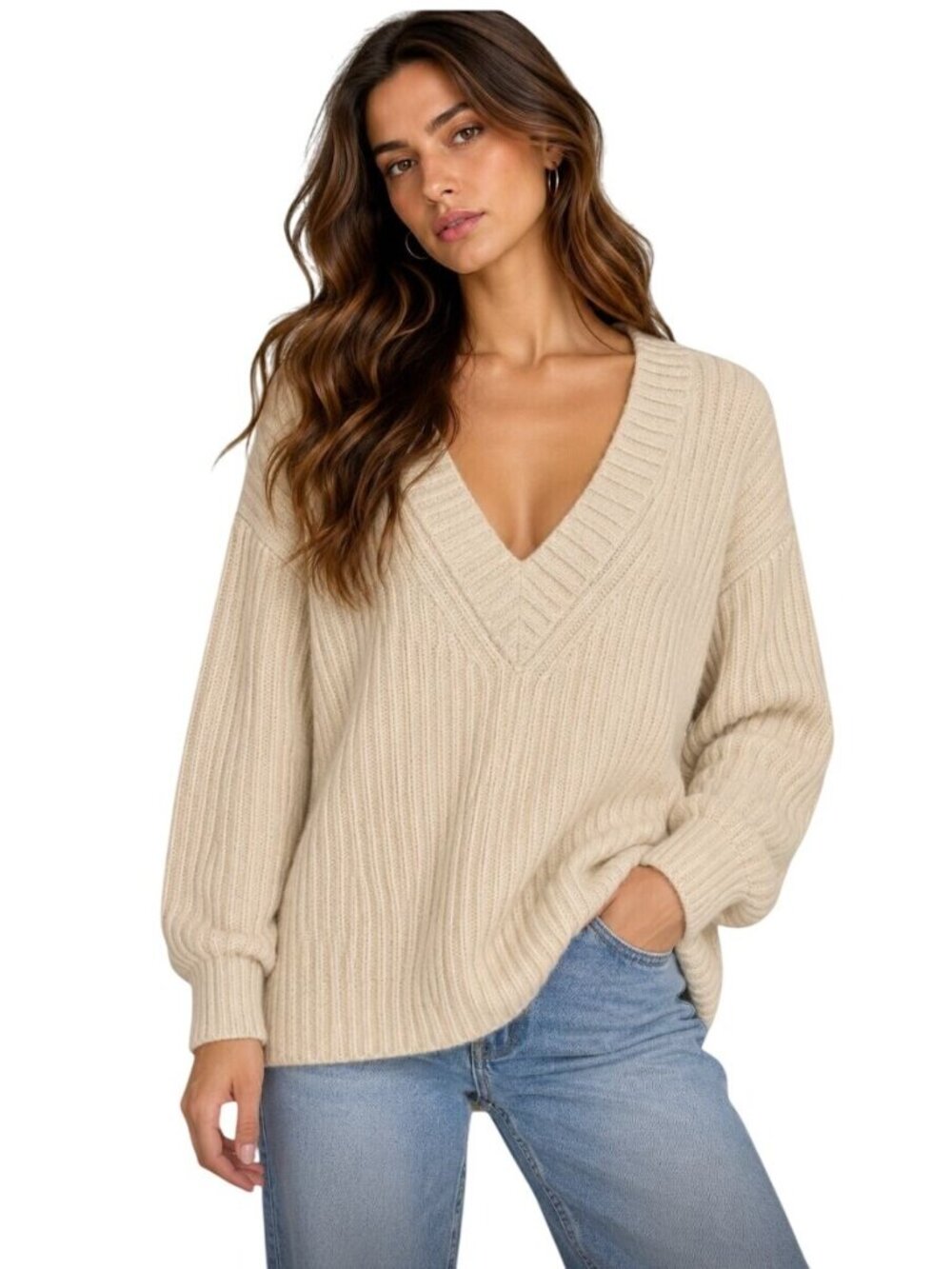 Acne Studios 100% Wool Ribbed V-Neck Sweater Beige Knit - Size XS